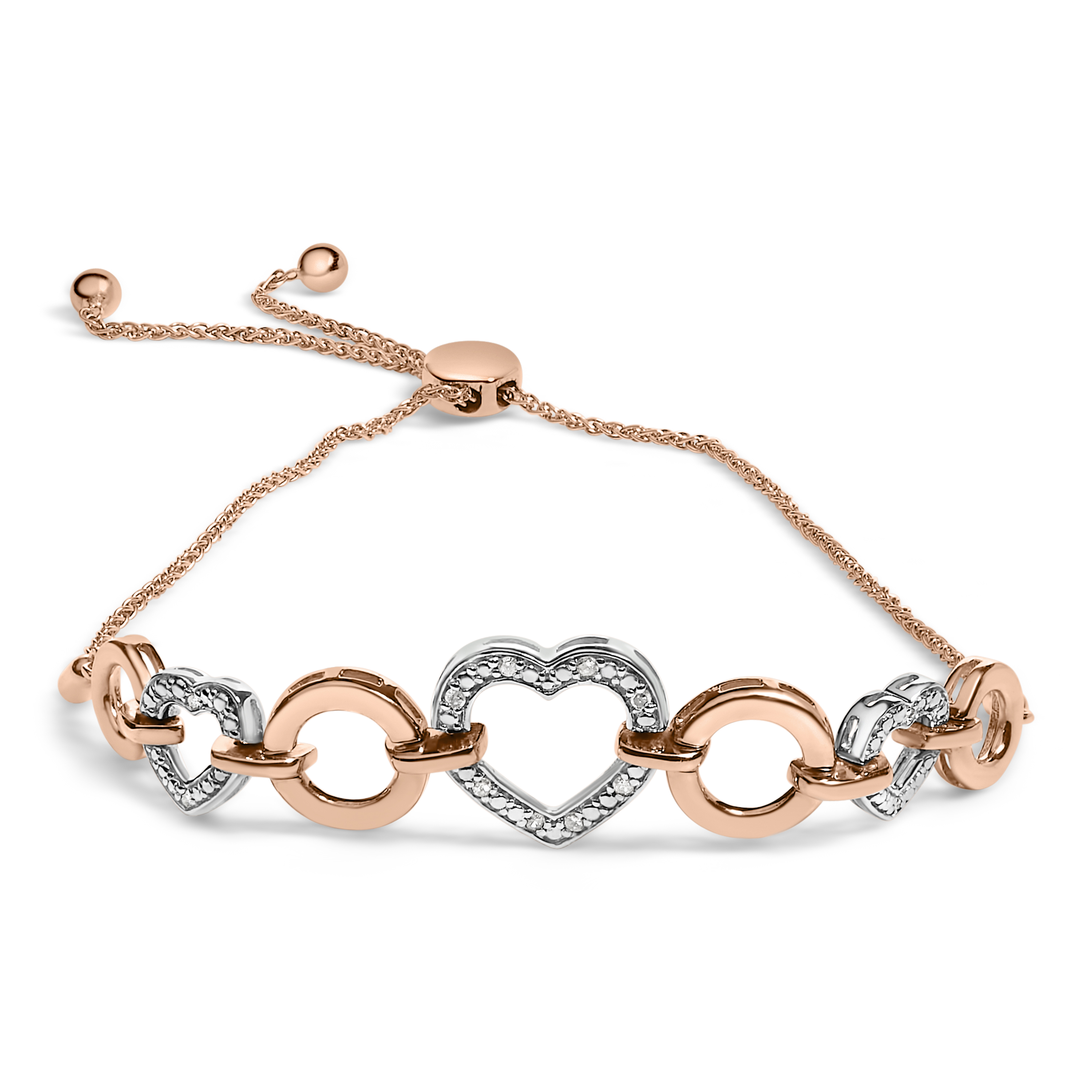 10K Rose Gold Over .925 Sterling Silver 1/10 Cttw Round-Cut Diamond Heart Link Adjustable Bolo Bracelet (H-I Color, I2-I3 Clarity) - 6"-9" Adjustable