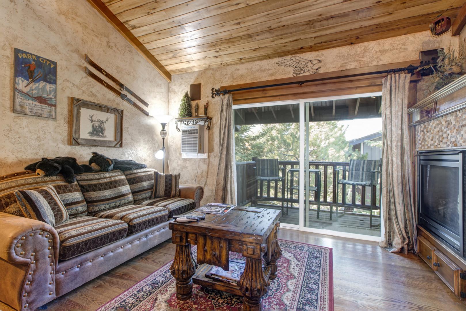 Charming sofa bed and center table leading to the patio