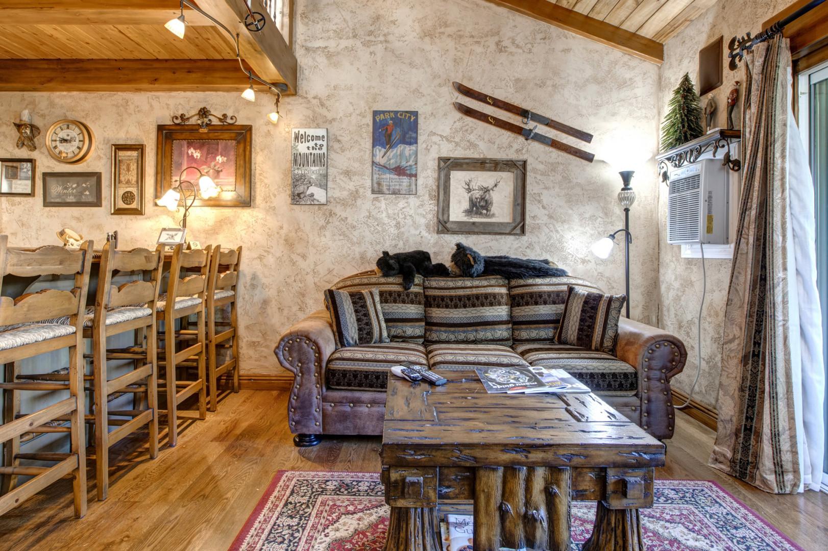 Charming sofa bed and center table leading to the patio