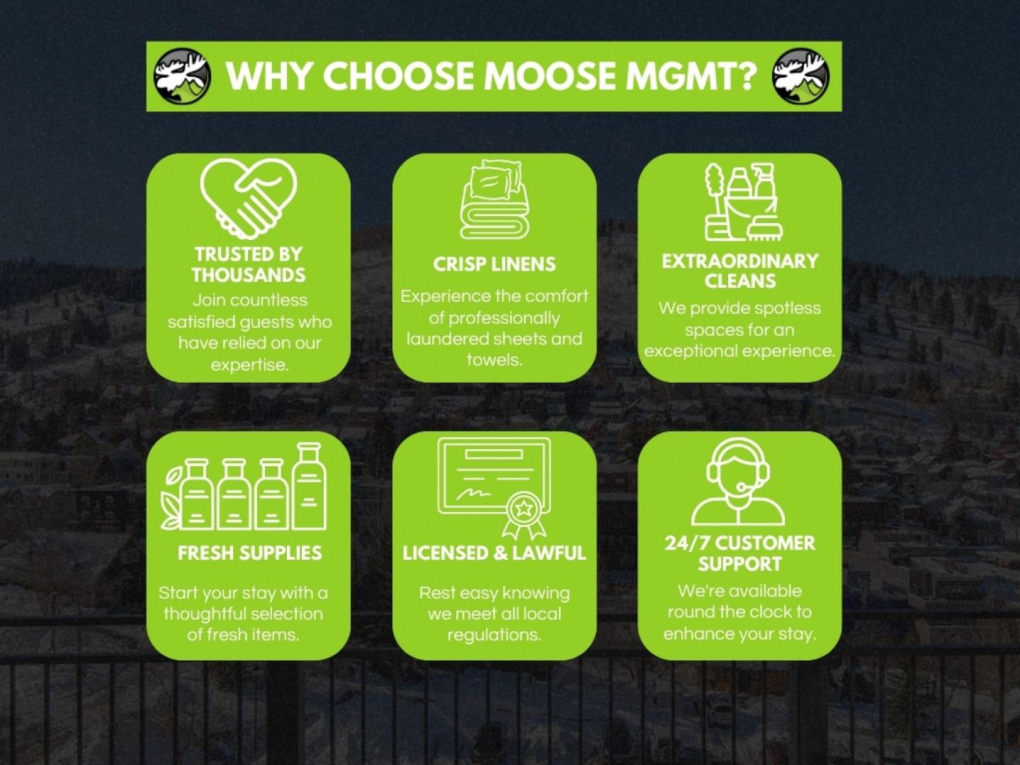 Moose Management delivers trusted service with professional linens, spotless spaces, fresh supplies, full licensing, and 24/7 support for your perfect getaway.