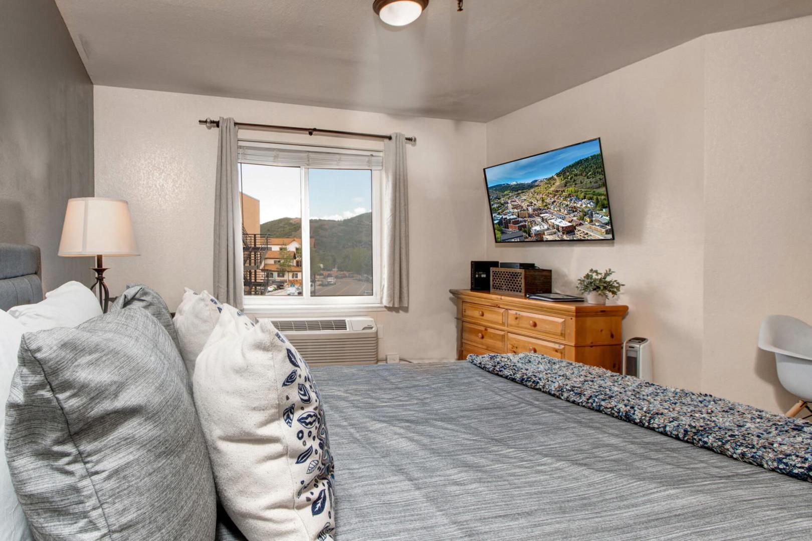 Cozy studio with queen bed, sofa, TV, and lovely window view.