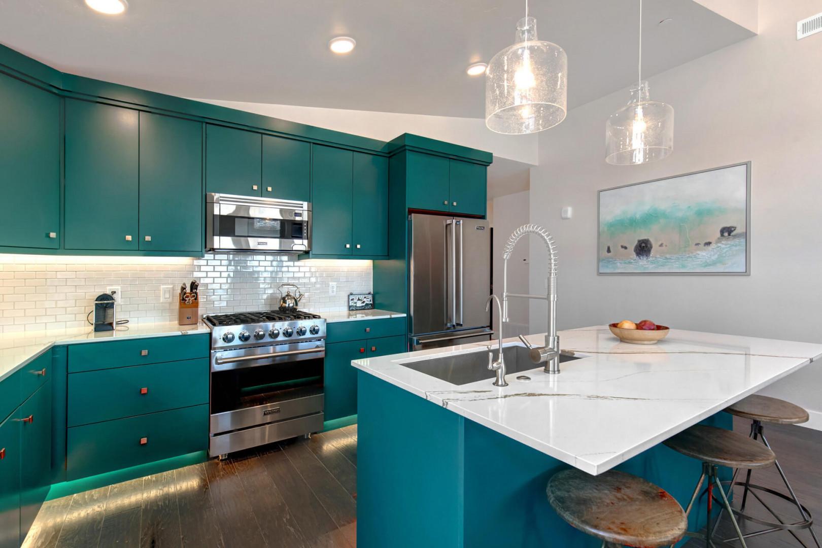 Sleek countertop with modern appliances, perfect for culinary creations.