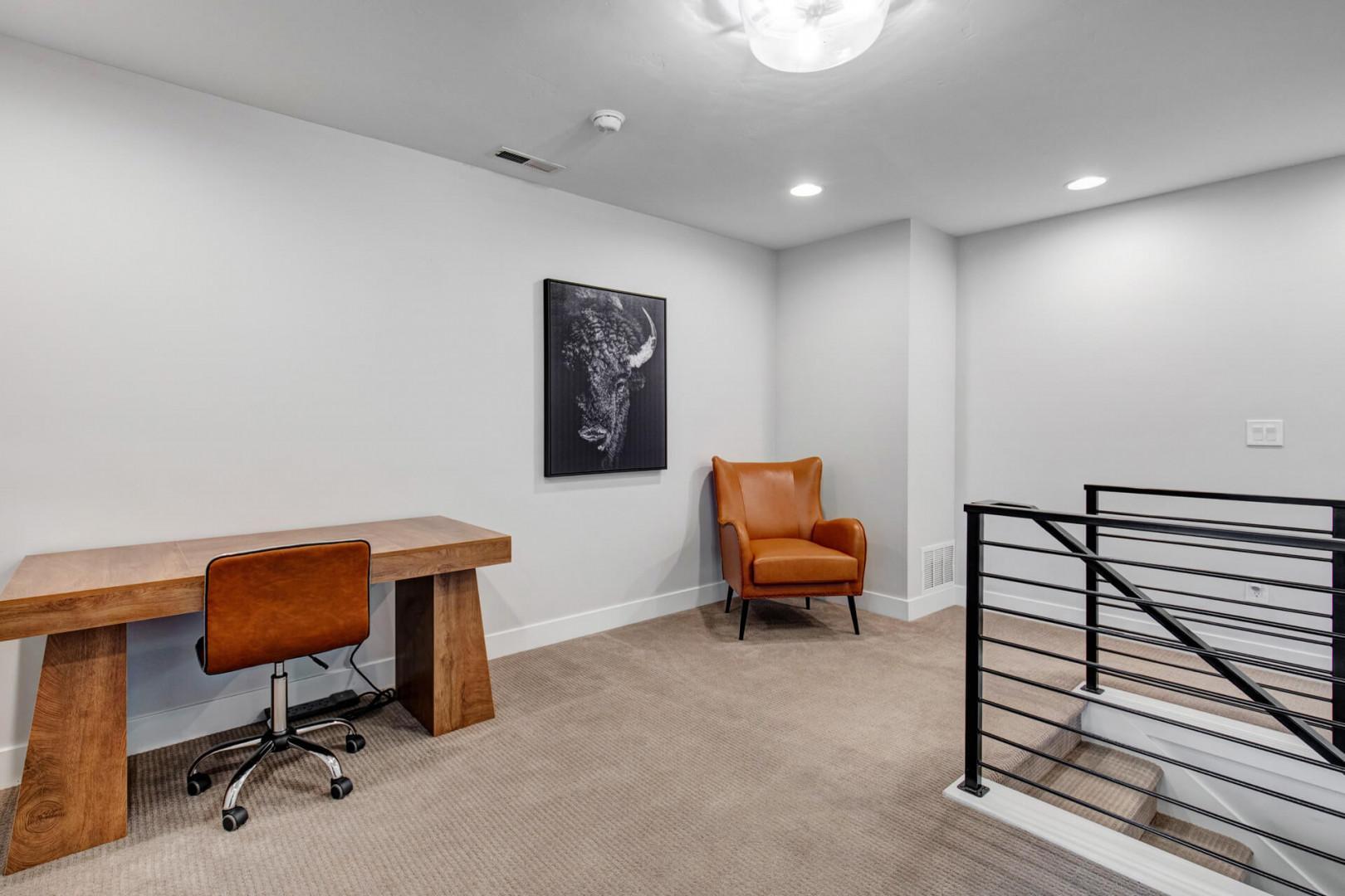 Step into your own quiet corner for work or reflection, with a sleek desk, comfortable seating, and stylish modern touches that help you focus and unwind.