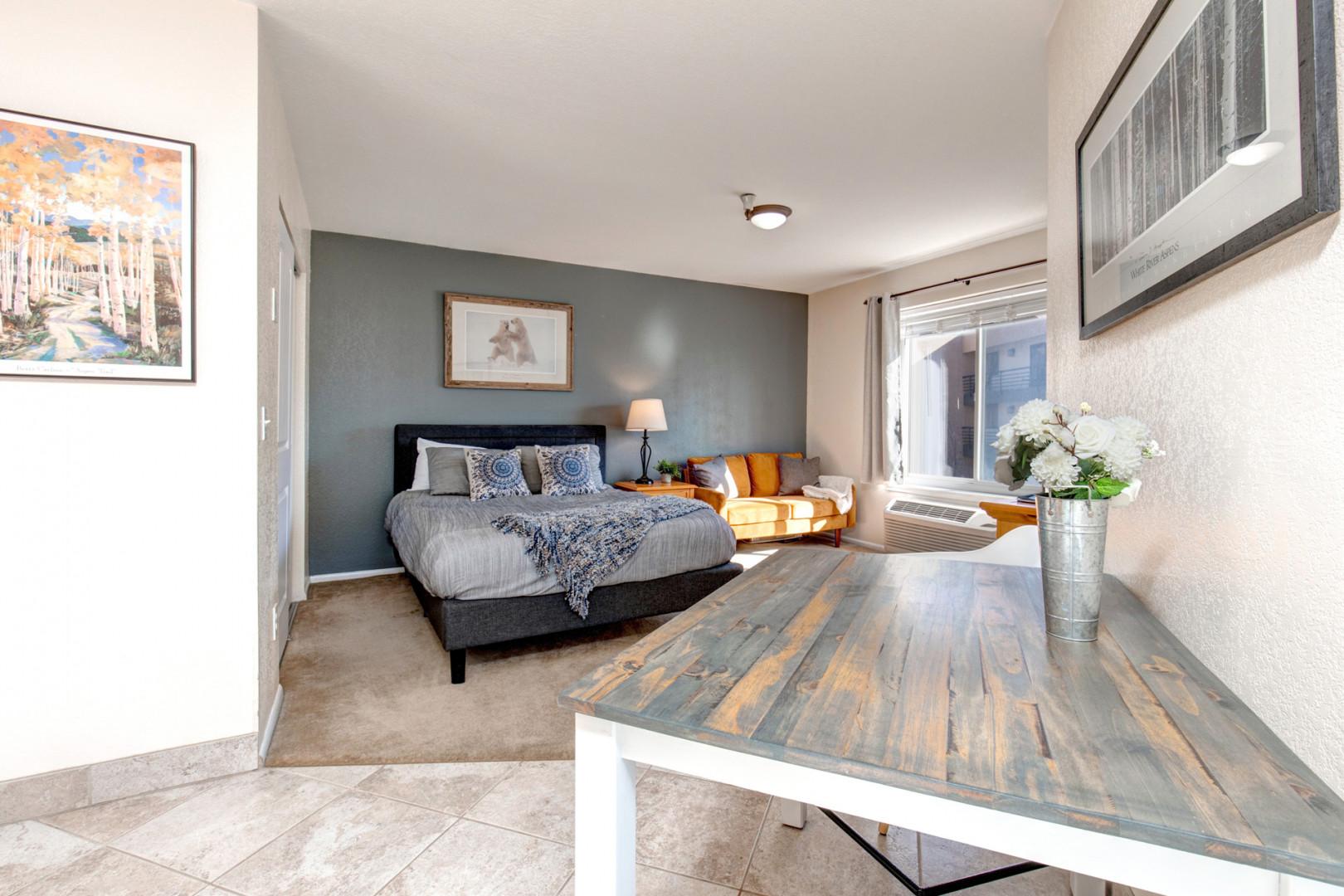 Cozy studio with queen bed, sofa, TV, and lovely window view.