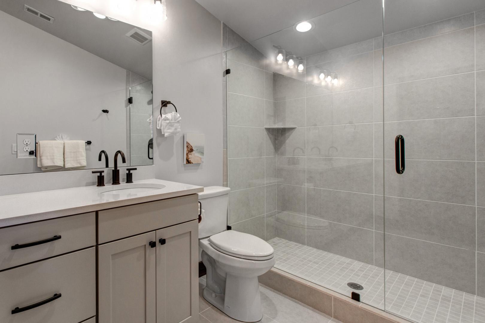 Black Rock Ridge 14494: Sleek sink, mirror, toilet, and shower in modern design.