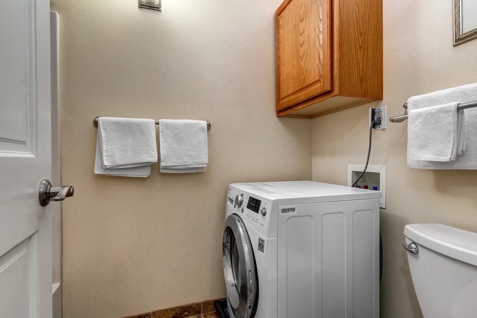 Convenient washing machine for clean clothes during your stay.