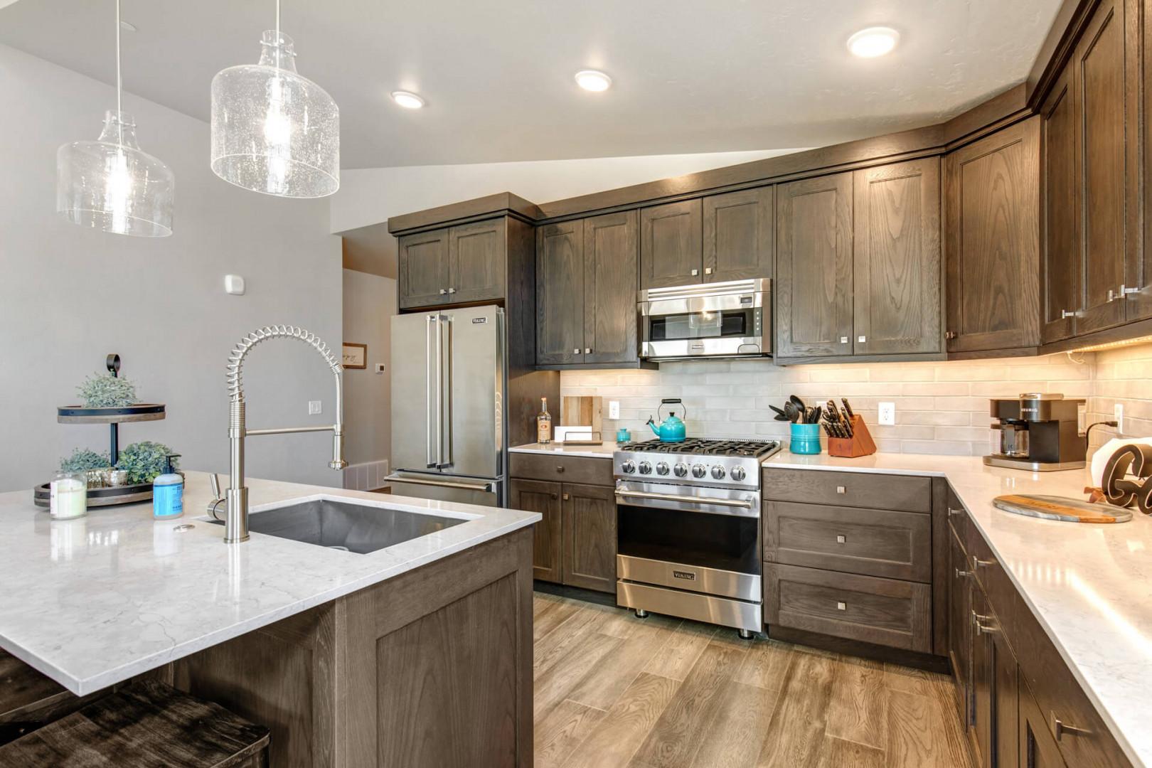 Sleek countertop with modern appliances, perfect for culinary creations.