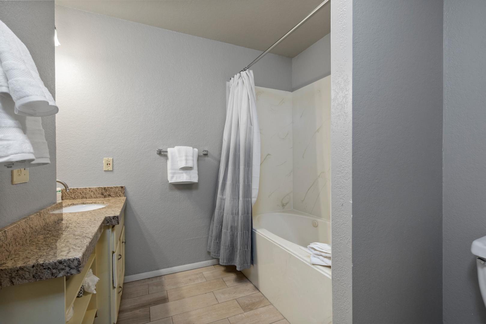 Relaxing tub shower combo in a spacious full bathroom.