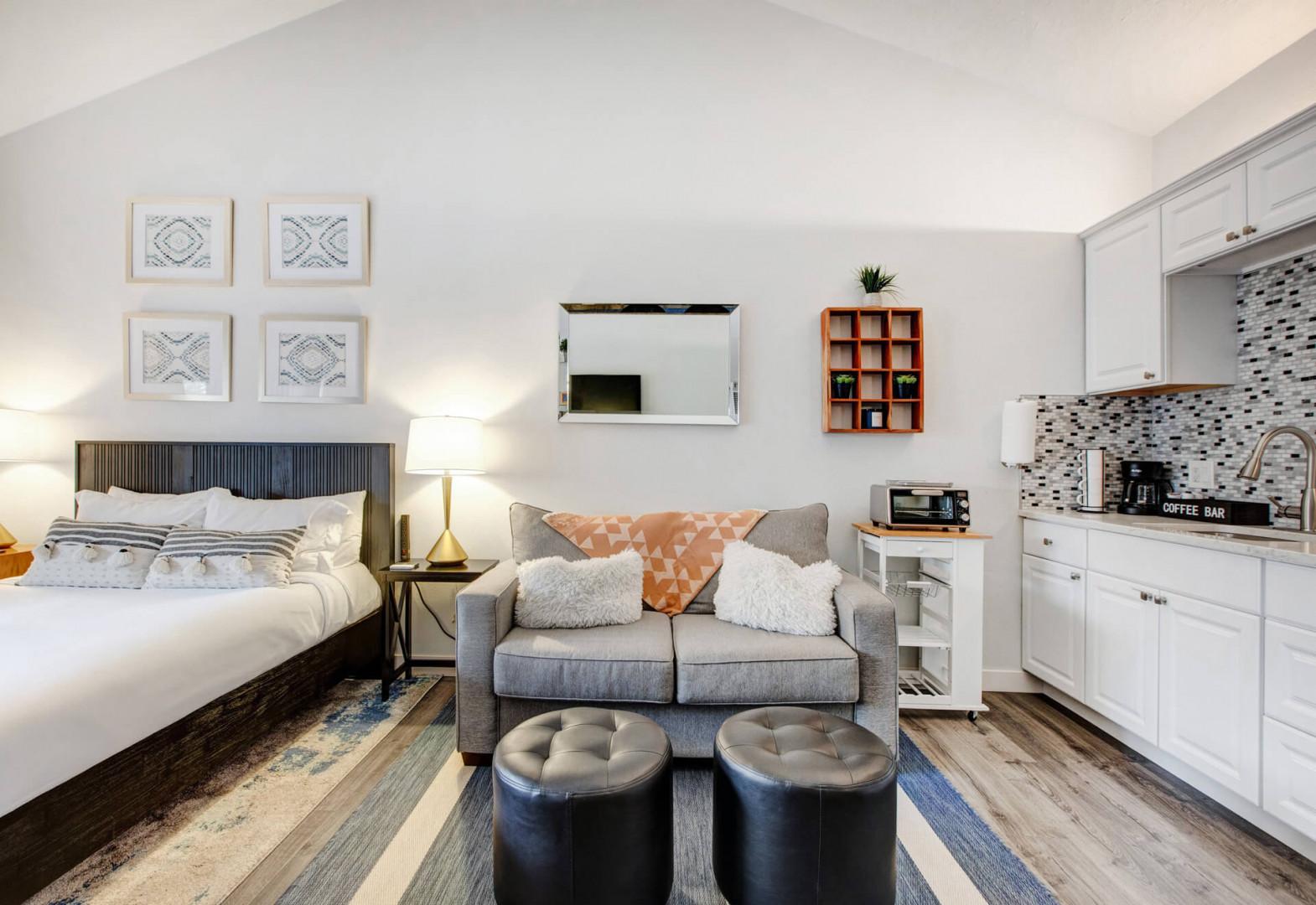 Your stylish studio features everything you need—cozy sleeping area, comfortable seating, and a fully equipped kitchenette for home-cooked meals.