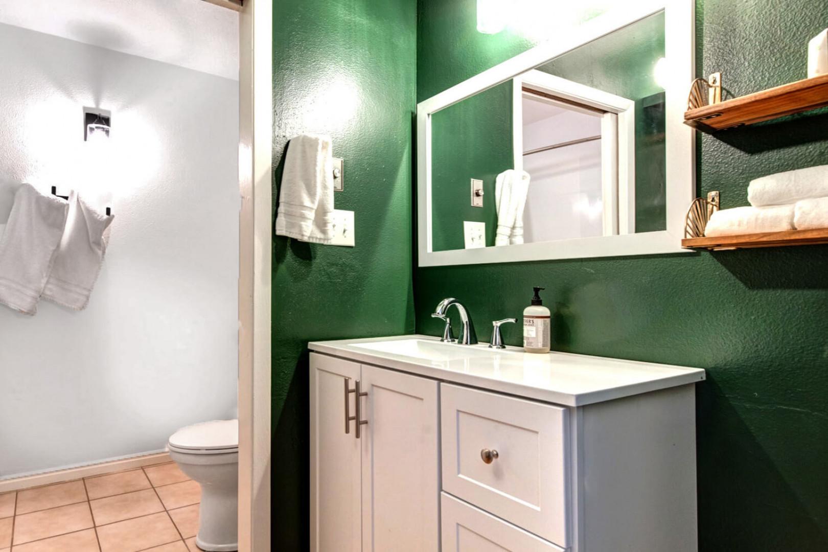 Sleek sink and mirror in a spacious, full bathroom oasis.