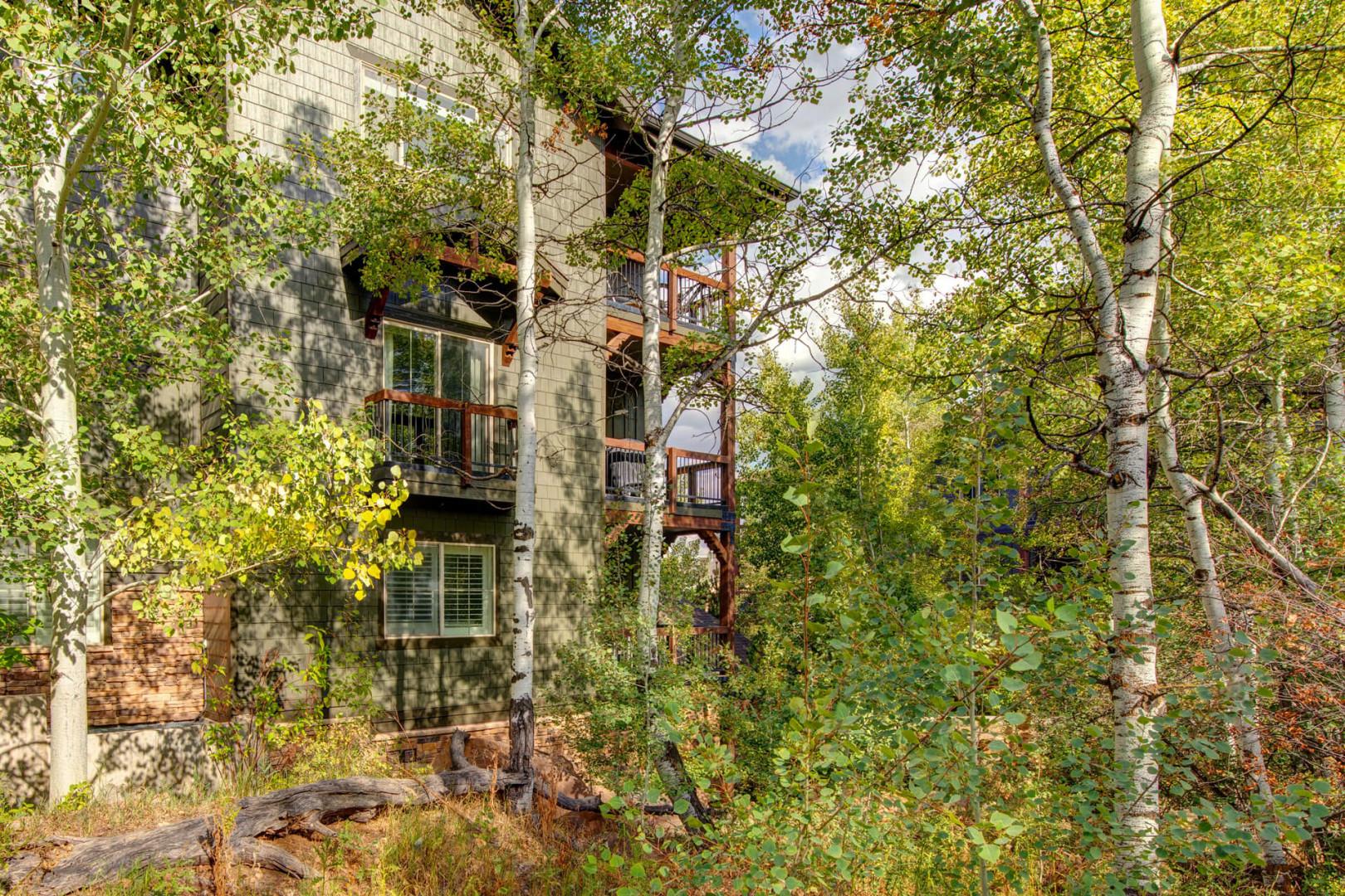 A multi-level mountain retreat nestled among vibrant aspen and evergreen trees, offering a peaceful alpine setting with natural privacy and scenic balconies.