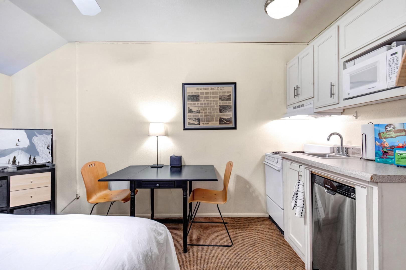 Your studio combines sleeping, dining, and cooking areas in one bright, efficient space. Prepare meals in your kitchenette, dine at the table by the window, then relax on your comfortable bed—all designed for your convenience.
