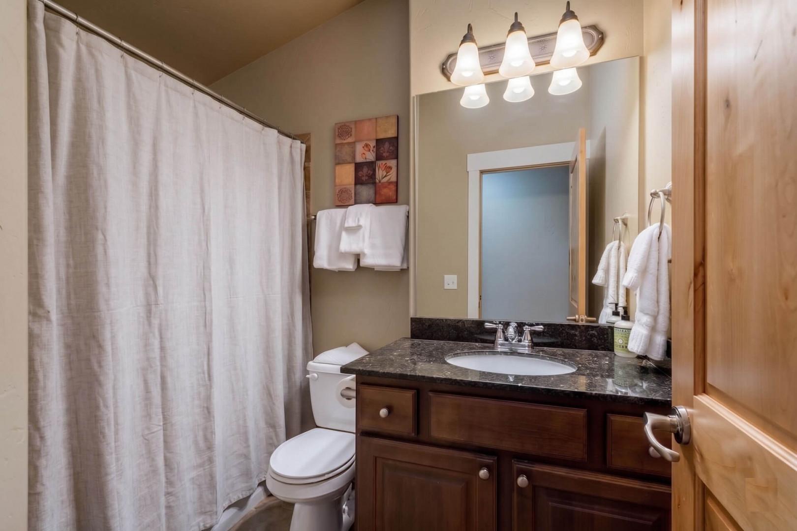Bear Hollow 5557: Sleek sink, mirror, toilet, and shower in modern design
