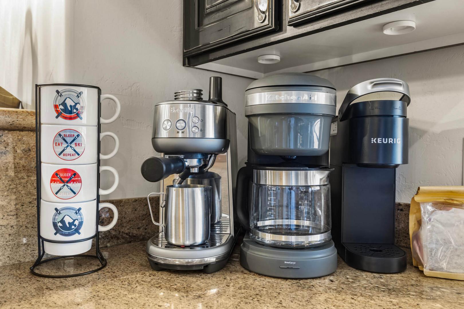 Your morning coffee station is ready with an espresso maker, drip machine, and Keurig—three ways to brew your perfect cup.