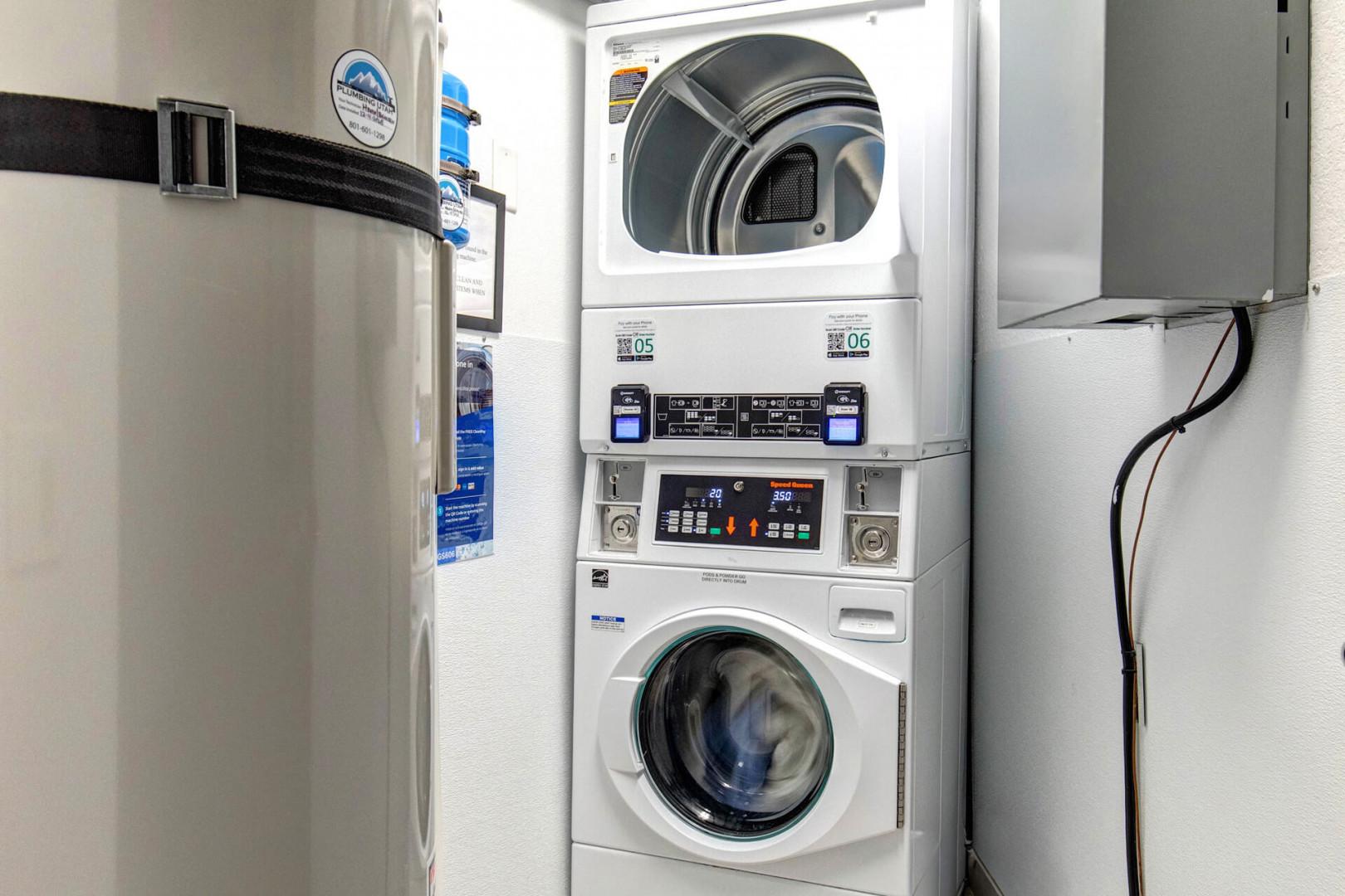A convenient stacked washer and dryer setup ensures you can pack light and keep your clothes fresh throughout your stay.