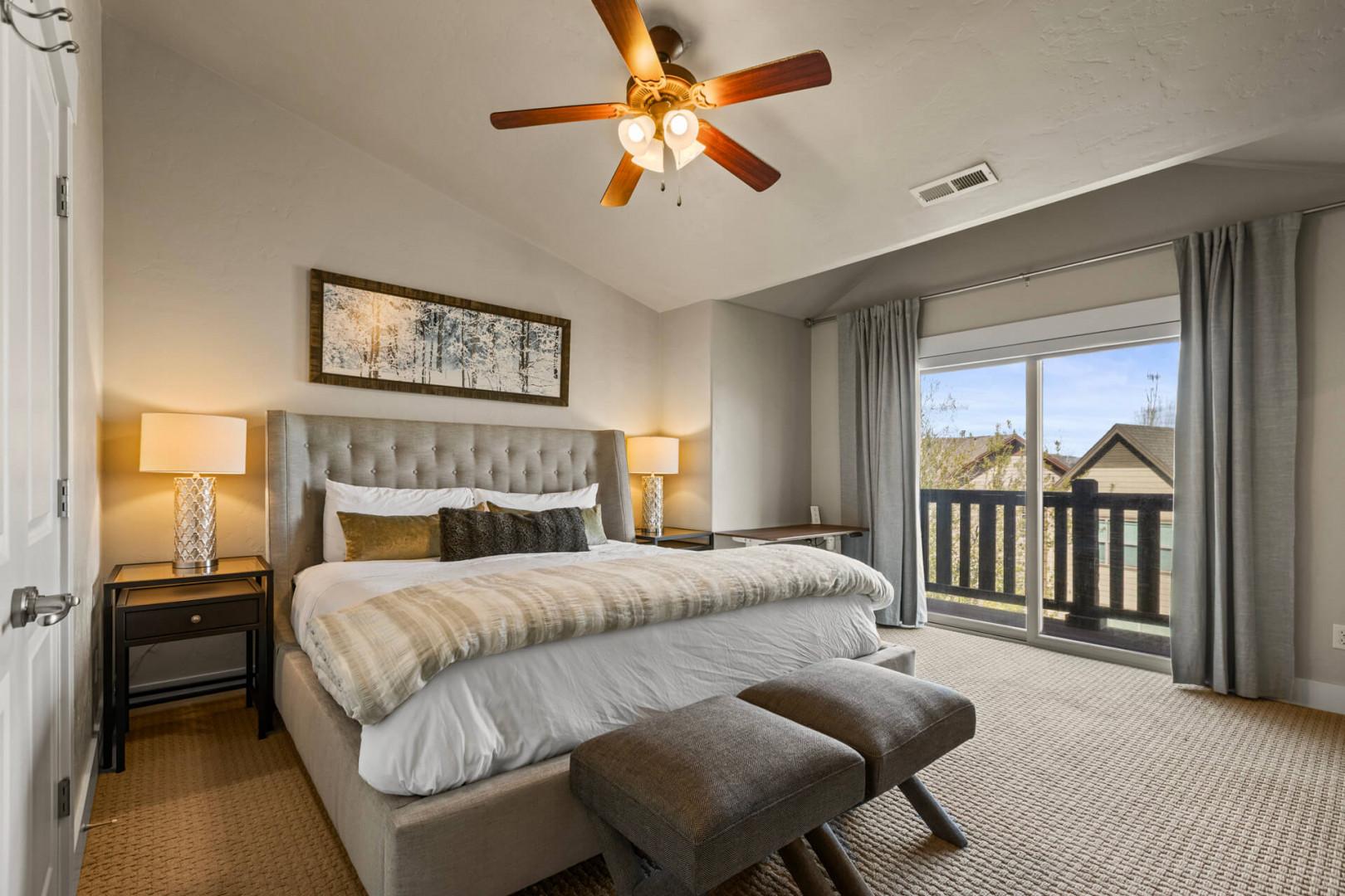 Sink into your plush king bed after a day of adventure, with soft lighting and mountain air flowing through your private balcony.