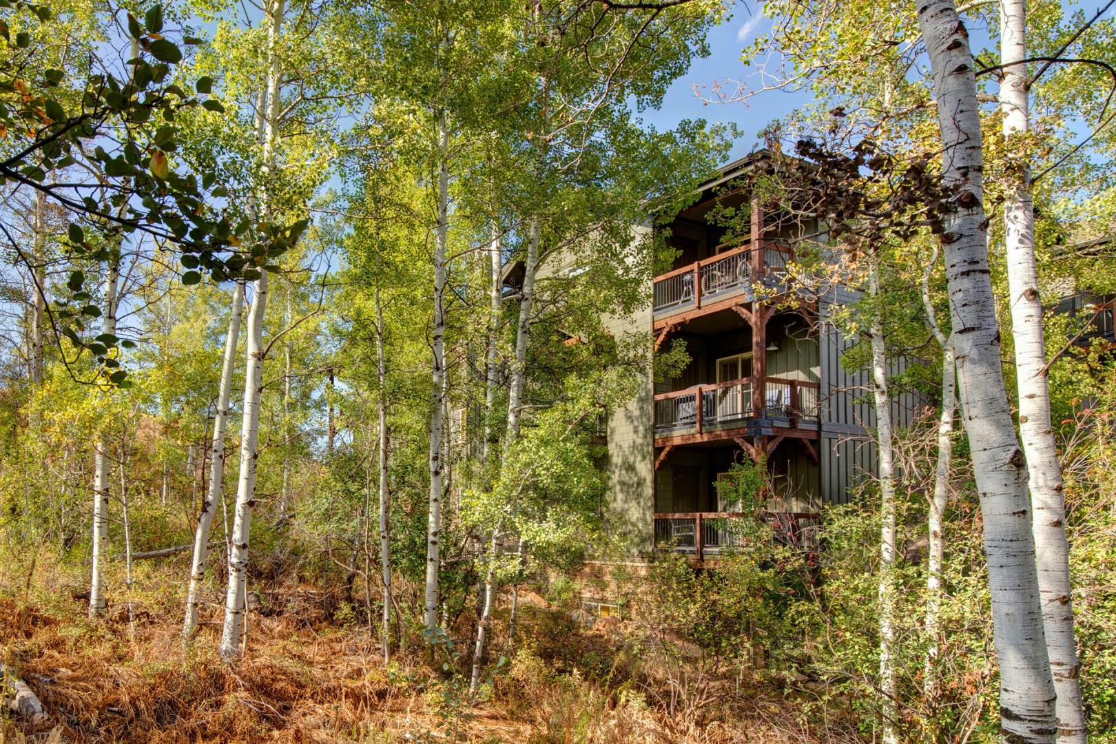 A secluded mountain retreat nestled among towering aspens and vibrant fall foliage, featuring private balconies that invite peaceful connection with nature.