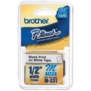 BROTHER CINTA NO LAMINADA M-231  1/2" (12mm) NEGRO SOBRE BLANCO para pt-90