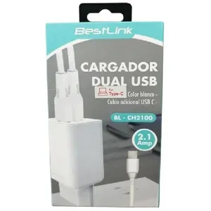 Cargador de pared de dos puertos Usb 2.1amp con cable USB C, color blanco / BL-CH2100 - 0050082
