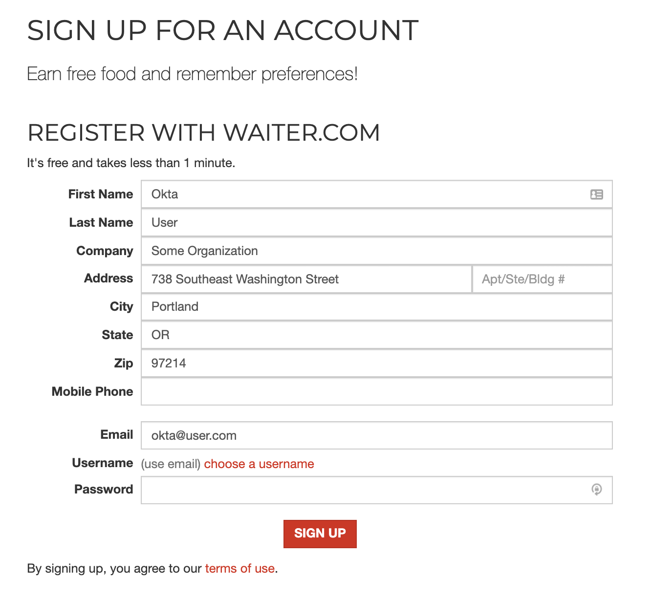 Create a new account with Okta information