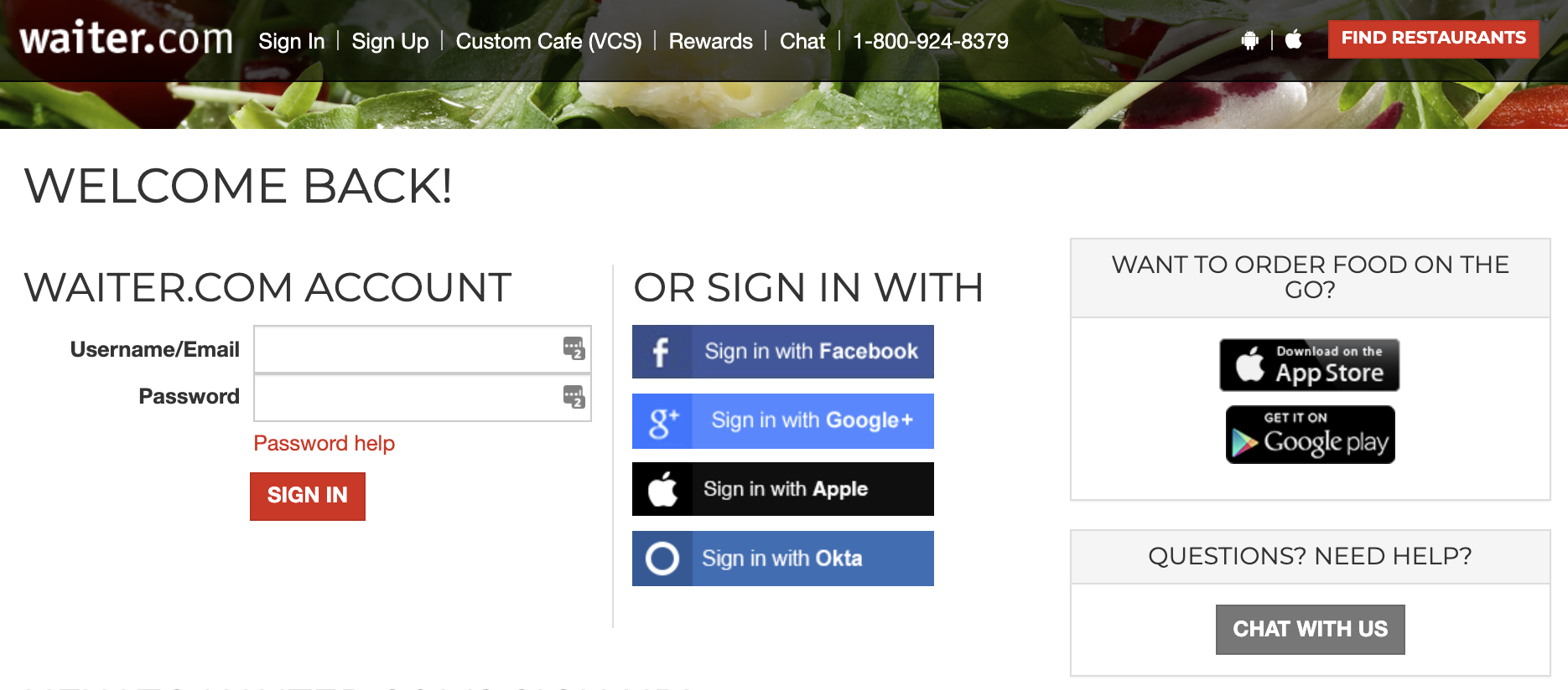 Waiter.com sign in page