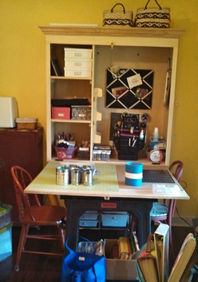 We did find a treasure of a little cabinet (the red one on the right-hand side) to hold extra supplies, but I'm determined to limit my "stash" to only what will fit in the cabinet!
