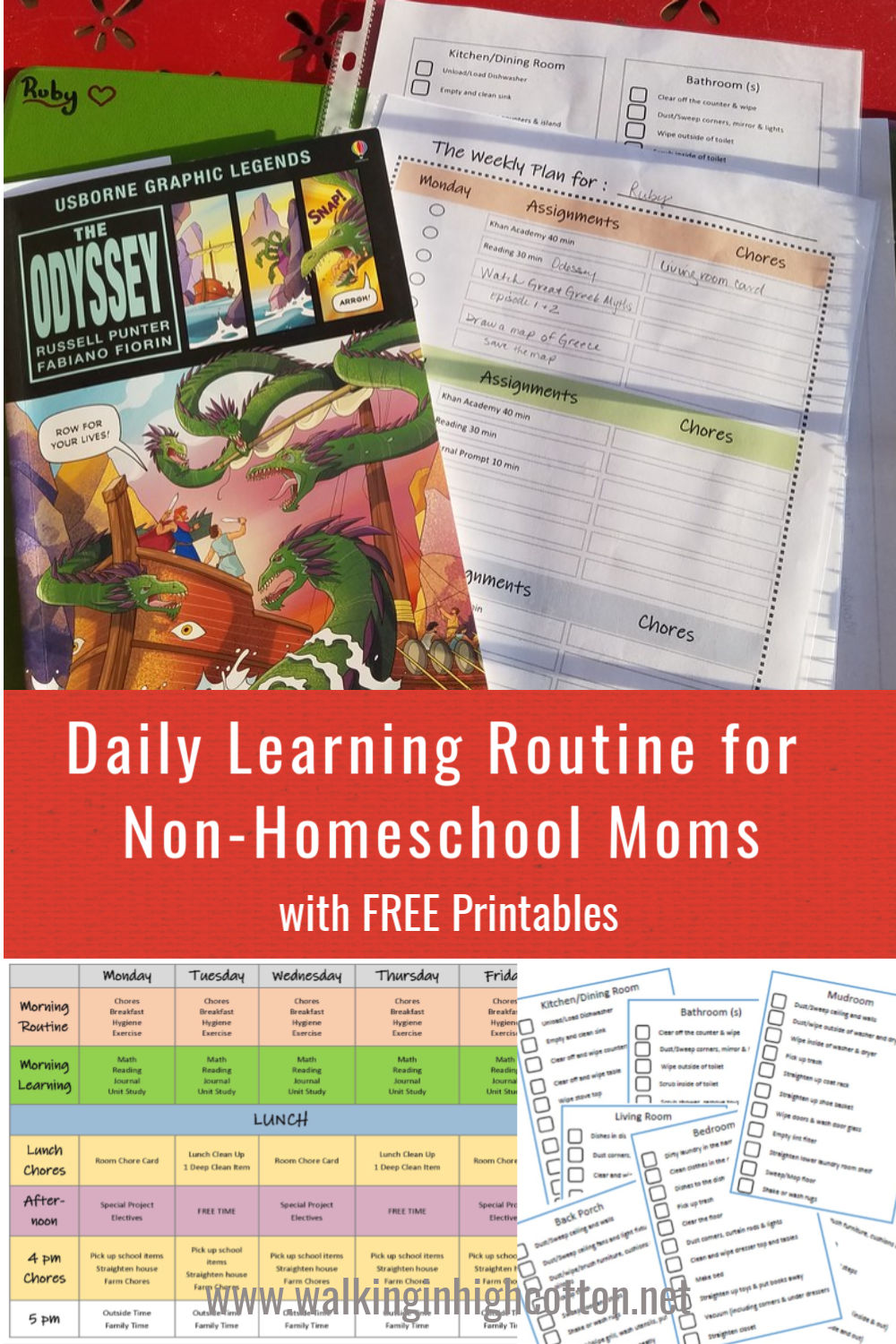 Daily Learning Routine for the Non-Homeschool Moms, with FREE Printable weekly schedule and assignment sheets.Perfect for organizing and managing these challenging times in quarantine OR for transitioning from school to summer break. Via Walking in High Cotton