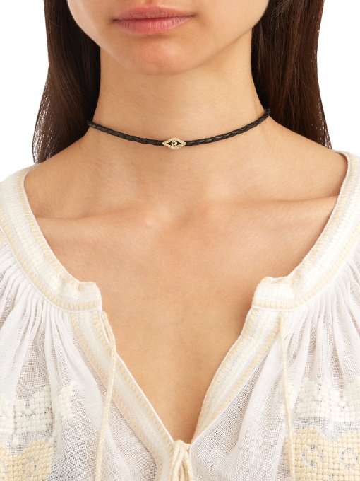 Diamond, leather & yellow-gold choker