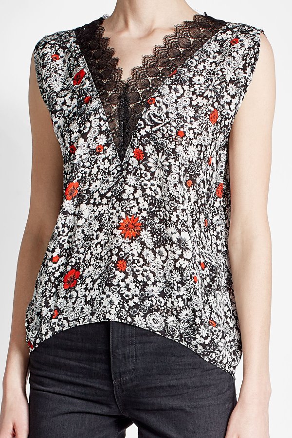 Printed Silk Tank with Lace Trim