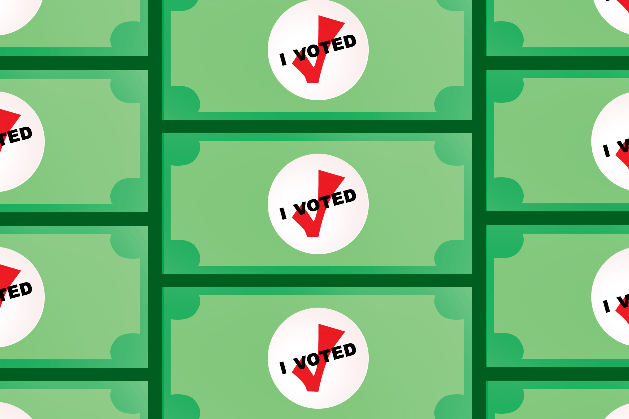 Moving dollar bills with a "I voted" sticker placed in the centre.