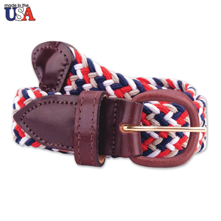 Multi Color Stretch Braided Belt with Brown Leather Tab