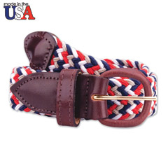 Multi Color Stretch Braided Belt with Brown Leather Tab