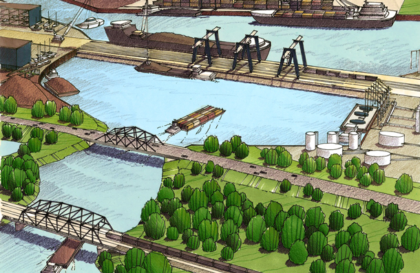 A conceptual rendering of a physical barrier and cargo transport station. Though initially costly, such a system would prevent economic turmoil from invasive species and create other benefits, proponents say. (HDR, Inc.)