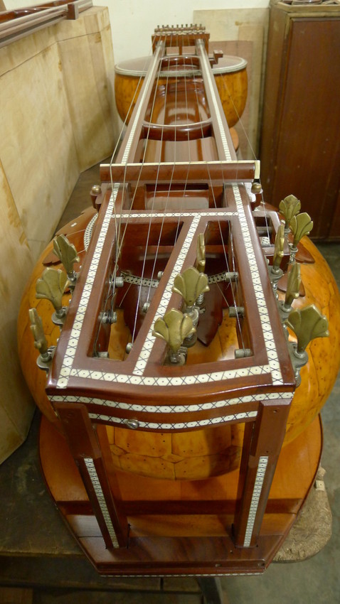 The Sagar Veena, a new instrument developed at the Sanjan Nagar Institute, has two resonating chambers. (WBEZ/Odette Yousef)