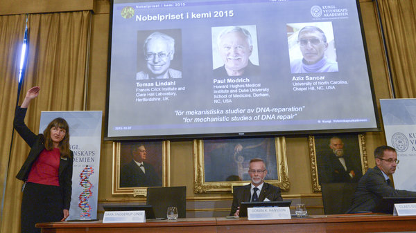 Professor Sara Snogerup Linse (left) explains the work that won the 2015 Nobel Prize in Chemistry, won by Sweden's Tomas Lindahl, American Paul Modrich and U.S.-Turkish scientist Aziz Sancar on Wednesday. The three worked on 