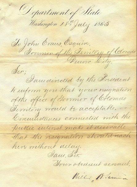 A letter from Washington in 1865 asked John Evans to resign as governor of Colorado over his role in Sandy Creek. (Colorado State Archives)