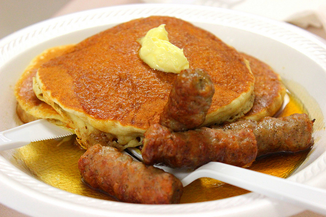 All you can eat pancakes, sausage, and maple syrup at the 2013 National Maple Syrup Festival on Burton's Maplewood Farm in Medora, Indiana (WBEZ/Louisa Chu)