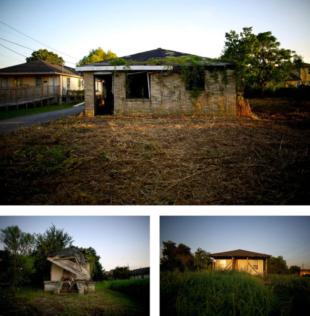 Blocks and blocks of the 2.25-square-mile Lower Ninth Ward are dotted with empty lots and abandoned homes. (David Gilkey/NPR)