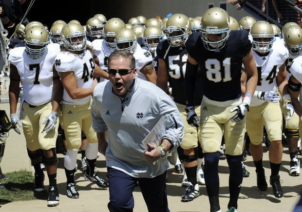 Notre Dame coach Brian Kelly has led his team to a #1 ranking. (AP Photo/Joe Raymond)