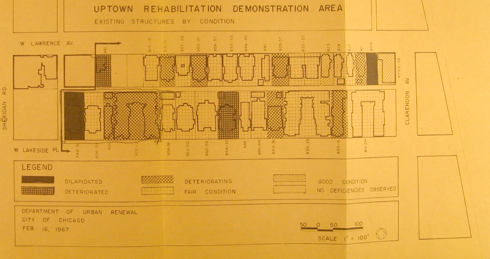 An evaluation of the condition of a block of housing in Uptown by the city's Department of Urban Renewal, 1967. (Flickr/Devin Hunter)