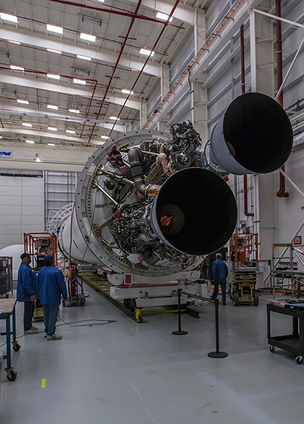 The new RD-181 engines are installed on the Antares vehicle ready to support a full power hot fire test at the pad in first quarter 2016. Photo credit Patrick Black/NASA