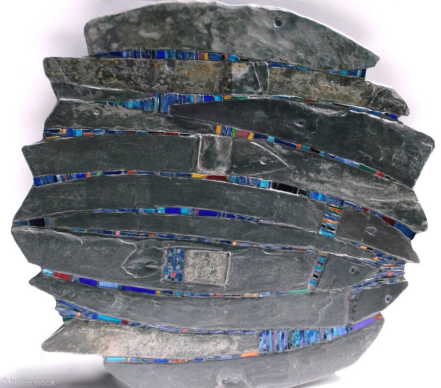 Slipstream handmade garden art table Slate, stained glass, bottle