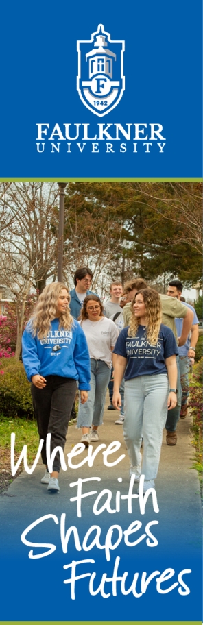 decorative side banner image of students with Faulkner University logo and tagline 