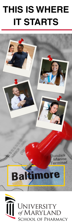 Collage of University of Maryland School of Pharmacy students and alumni pinned over a map of Baltimore, highlighting connections to experiential learning and career opportunities in the city. University of Maryland logo included.