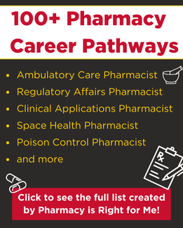 Bold text reading 100+ Pharmacy Career Pathways. A bulleted list includes Ambulatory Care Pharmacist, Regulatory Affairs Pharmacist, Clinical Applications Pharmacist, Space Health Pharmacist, Poison Control Pharmacist, and and more. A red button at the bottom reads Click to see the full list created by Pharmacy Is Right for Me! Icons of a mortar and pestle and a clipboard appear on a dark background.