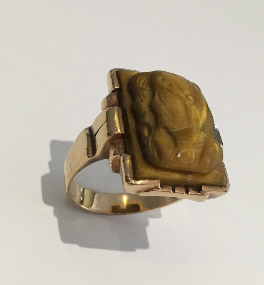 10K Yellow Gold Art Deco Cameo Carved Tiger's Eye Ring Vintage Size