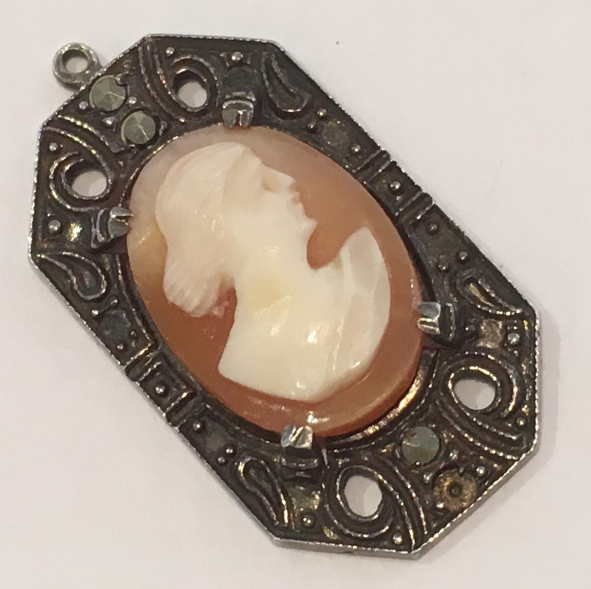 Sterling Silver Art Deco Small Cameo Shell Pendant Marcasite ...