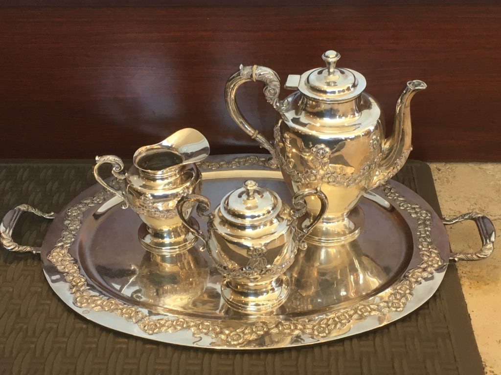Large Three Piece Alameda Mexican Sterling Silver Tea Set & Tray 130ozt