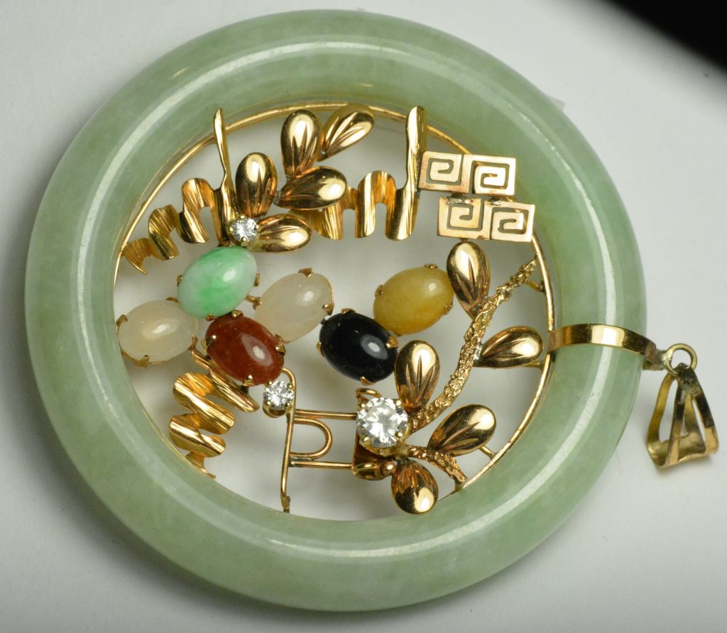 14k Yellow Gold Multi Color Jade & Diamond Pendant Greek Key Vines Leaves