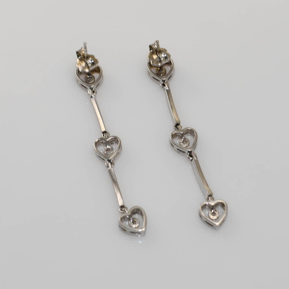 14K White Gold Diamond Dangle Heart Earrings, 4.8g